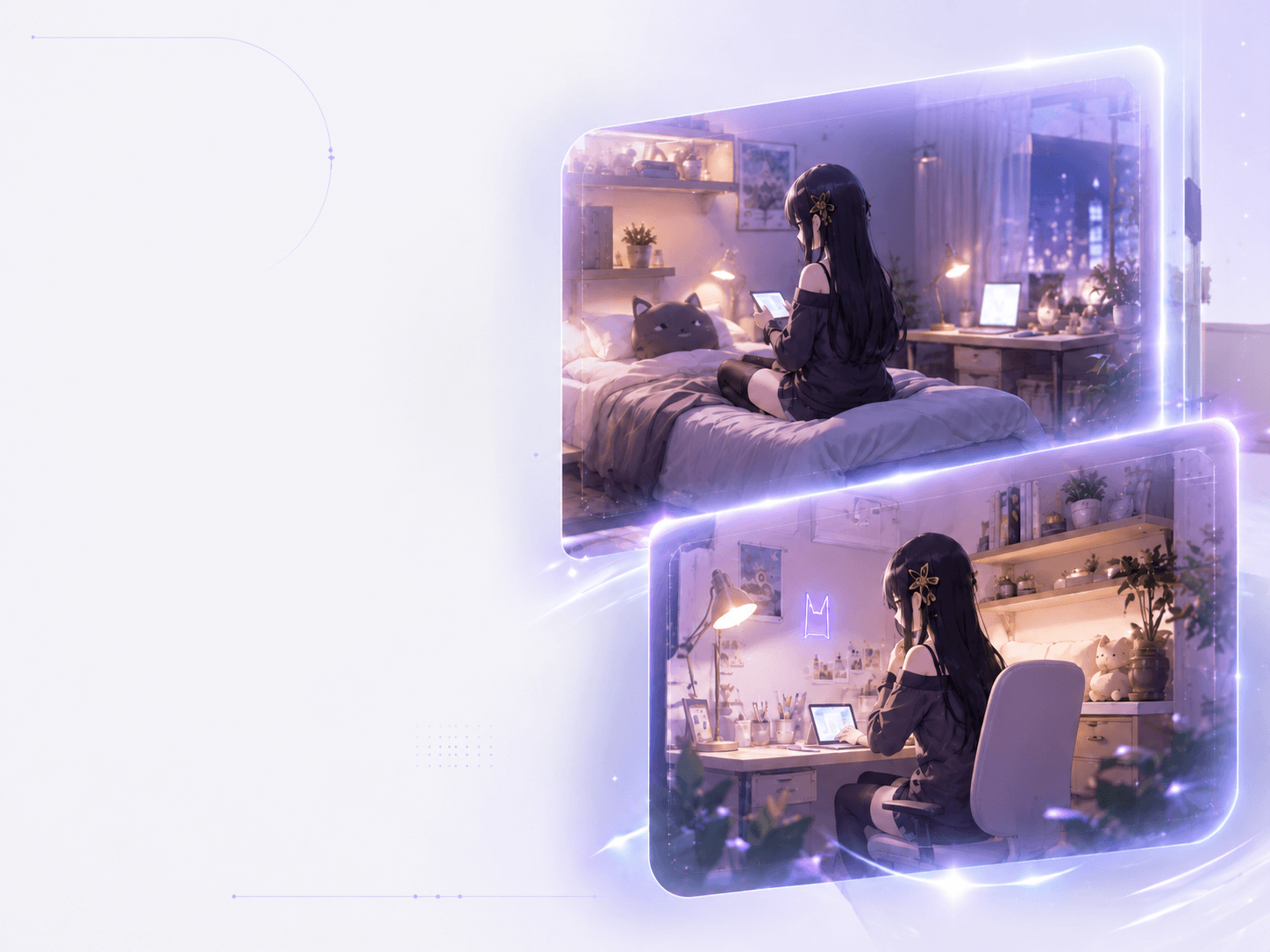 A cozy 3D dual-screen window showing a character in her bedroom sanctuary